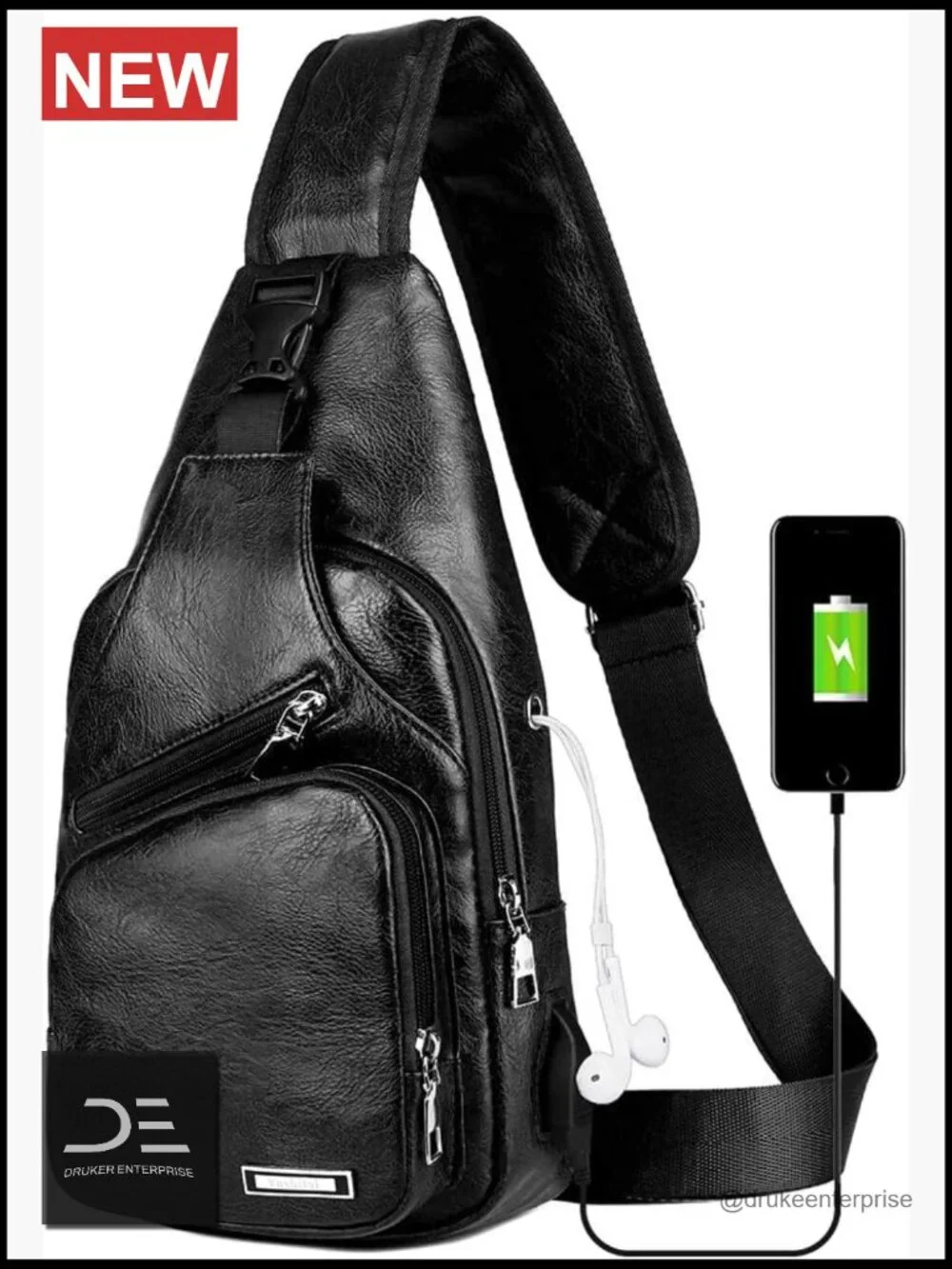 Leather Sling Bag Crossbody Backpack with USB Charge Port